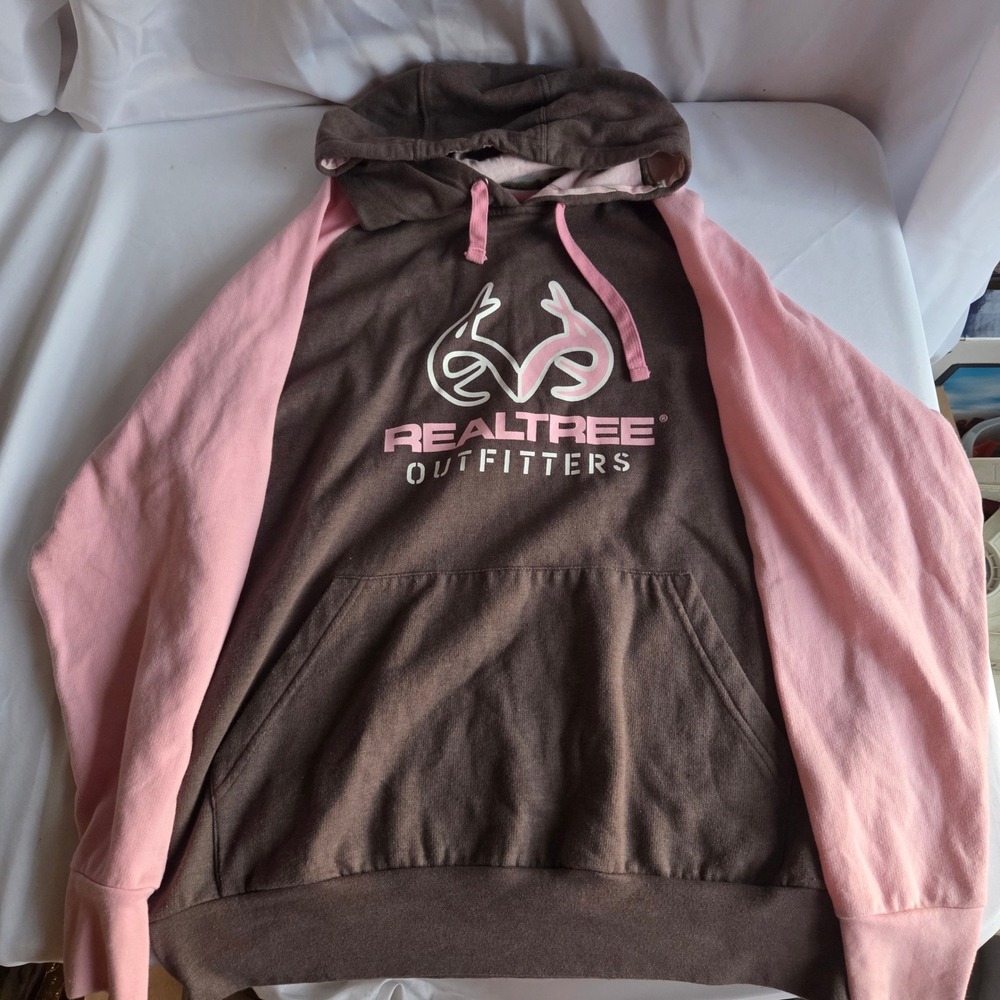 Realtree Outfitters Hoodie Womens Medium Brown Pink Raglan Camo Hood Pullover